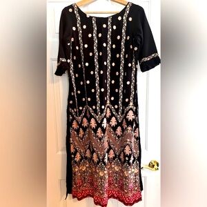 Black and Pink Embroidered + Sequined Kaftan Dress
